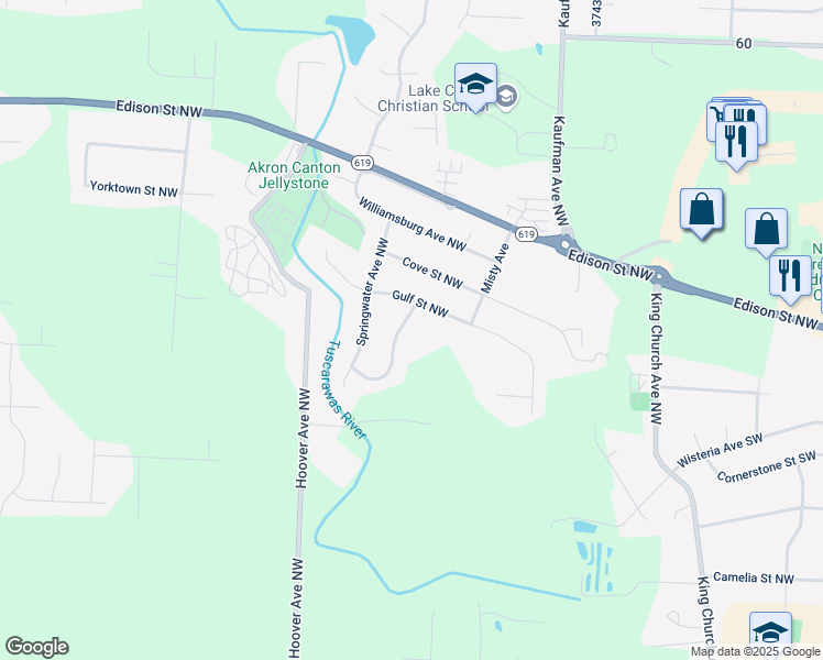 map of restaurants, bars, coffee shops, grocery stores, and more near 12392 Waterfall Avenue Northwest in Uniontown
