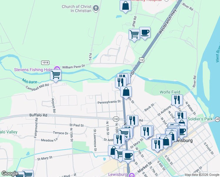 map of restaurants, bars, coffee shops, grocery stores, and more near 706 Matlack Avenue in Lewisburg