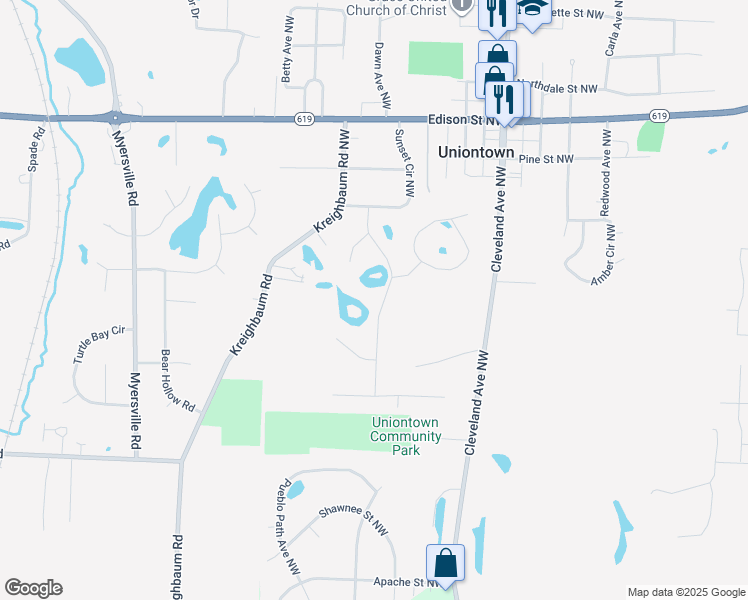 map of restaurants, bars, coffee shops, grocery stores, and more near 12683 Islandview Avenue Northwest in Uniontown