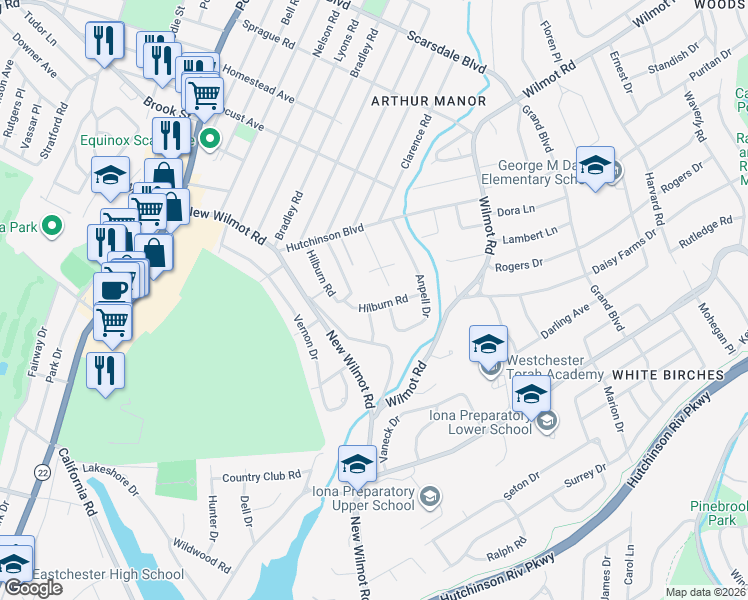 map of restaurants, bars, coffee shops, grocery stores, and more near 2 Timmons Road in Scarsdale