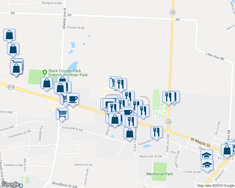 map of restaurants, bars, coffee shops, grocery stores, and more near 907 West Maple Street in Hartville