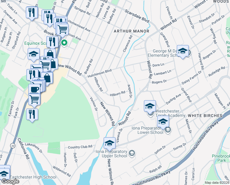 map of restaurants, bars, coffee shops, grocery stores, and more near 2 Timmons Road in Scarsdale