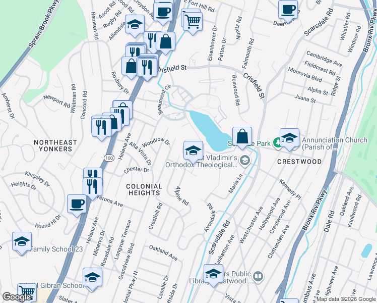 map of restaurants, bars, coffee shops, grocery stores, and more near 384 Grandview Boulevard in Yonkers