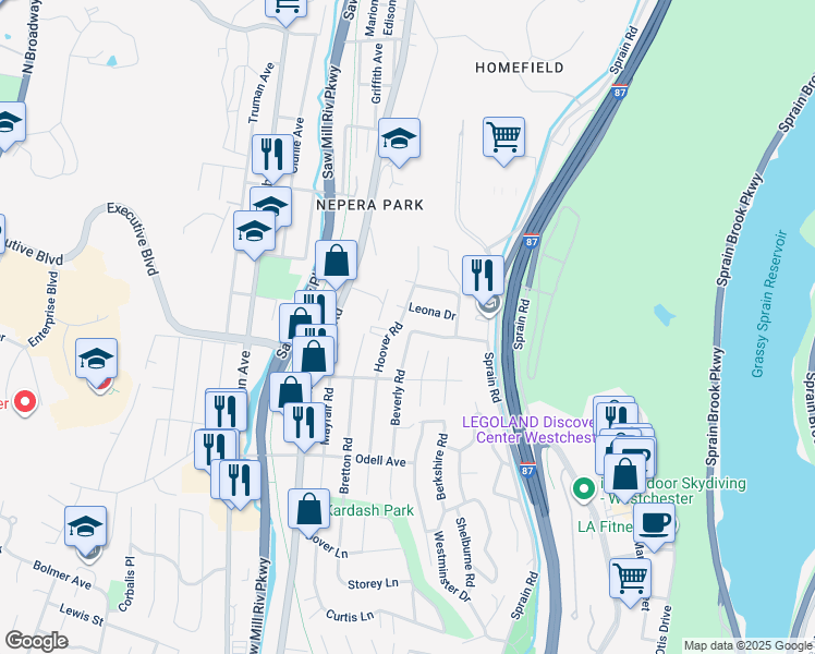 map of restaurants, bars, coffee shops, grocery stores, and more near 225 Hoover Road in Yonkers