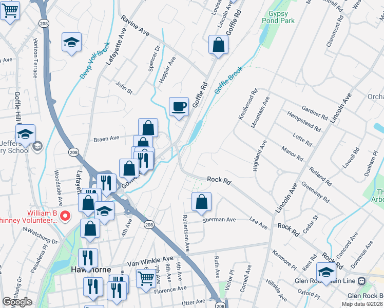 map of restaurants, bars, coffee shops, grocery stores, and more near 34 Garden Avenue in Hawthorne
