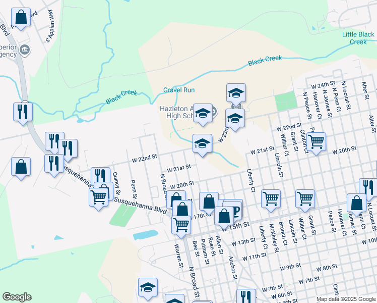 map of restaurants, bars, coffee shops, grocery stores, and more near 655 Putnam Street in Luzerne County