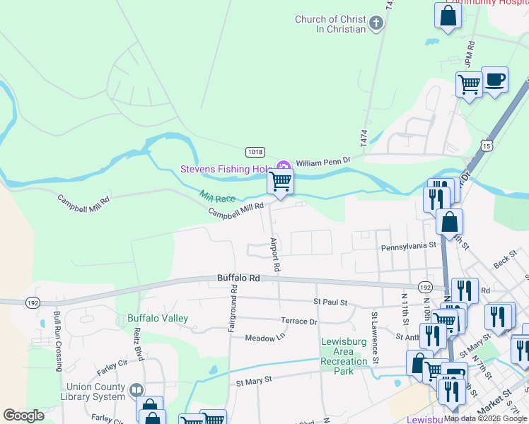 map of restaurants, bars, coffee shops, grocery stores, and more near 442-452 State Route 2007 in Lewisburg