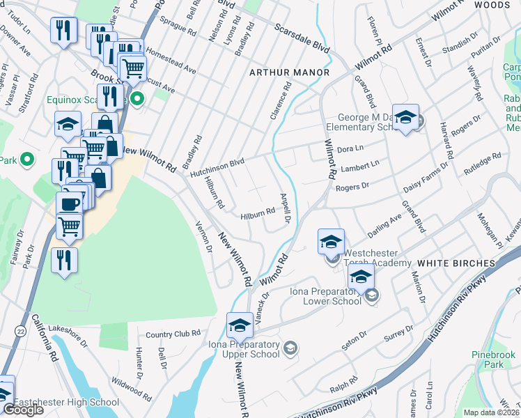 map of restaurants, bars, coffee shops, grocery stores, and more near 13 Elba Place in Scarsdale