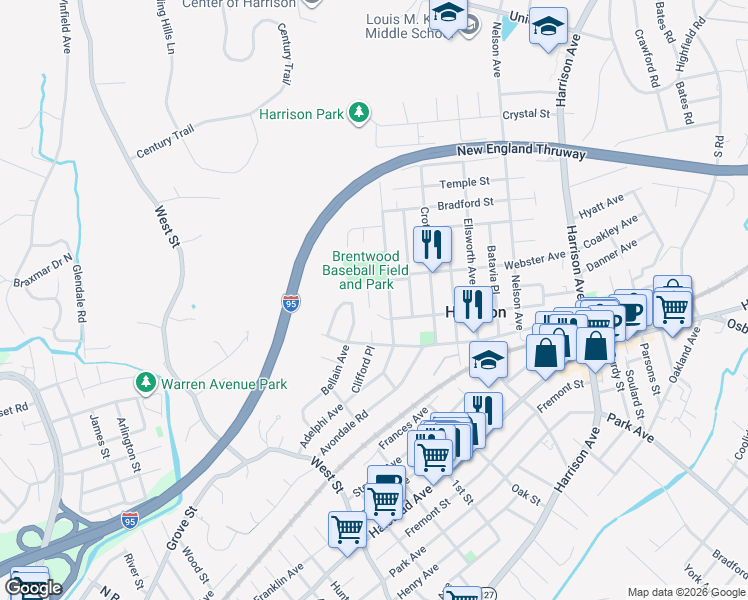 map of restaurants, bars, coffee shops, grocery stores, and more near 157 Webster Avenue in Harrison