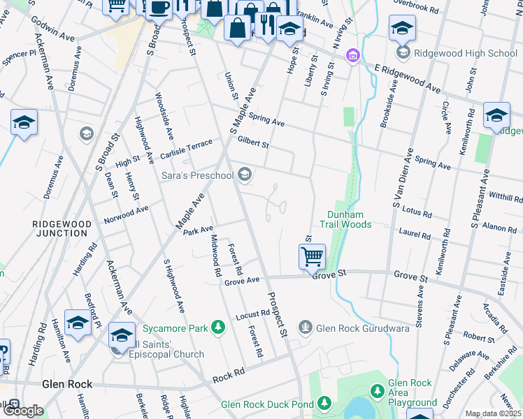 map of restaurants, bars, coffee shops, grocery stores, and more near 317 Prospect Street in Ridgewood