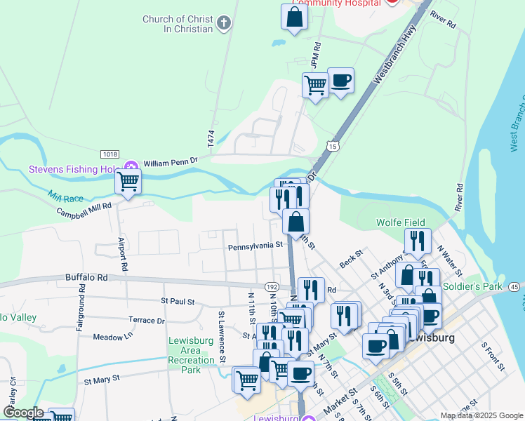 map of restaurants, bars, coffee shops, grocery stores, and more near 706 Matlack Avenue in Lewisburg