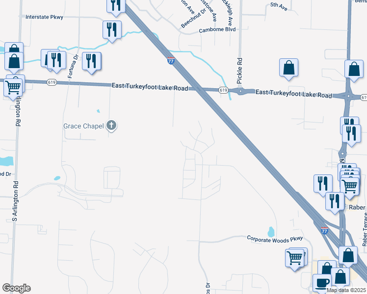 map of restaurants, bars, coffee shops, grocery stores, and more near 1296 East Turkeyfoot Lake Road in Akron