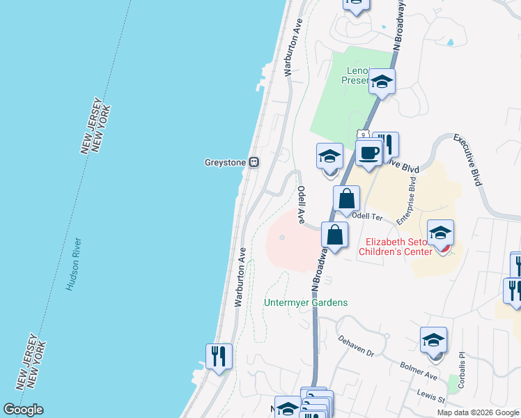 map of restaurants, bars, coffee shops, grocery stores, and more near 1020 Warburton Avenue in Yonkers