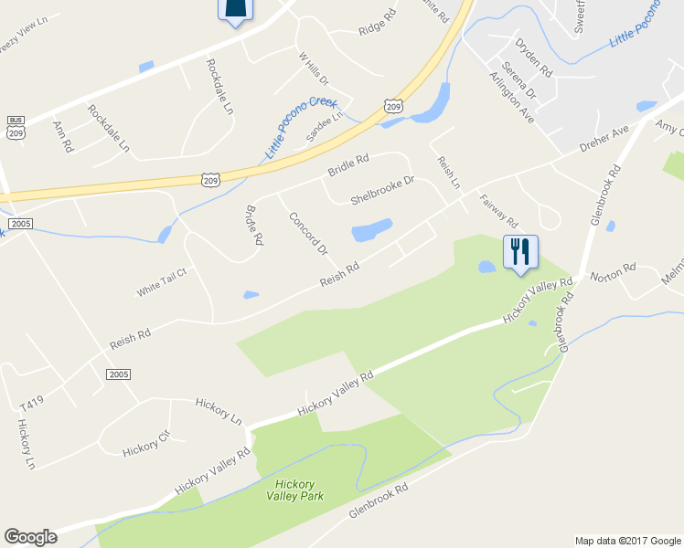 map of restaurants, bars, coffee shops, grocery stores, and more near Reish Road in Stroudsburg