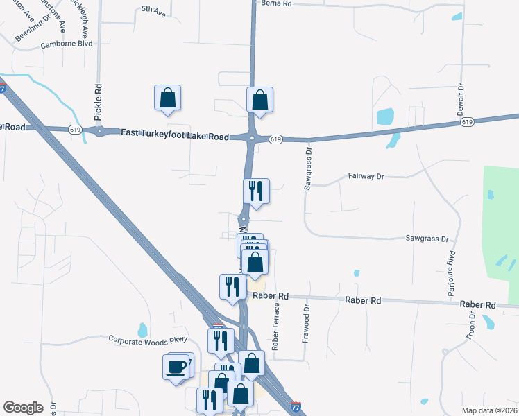 map of restaurants, bars, coffee shops, grocery stores, and more near 3333 Massillon Road in Akron