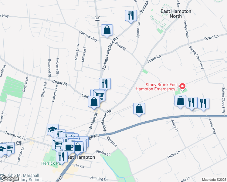 map of restaurants, bars, coffee shops, grocery stores, and more near 89 Accabonac Road in East Hampton