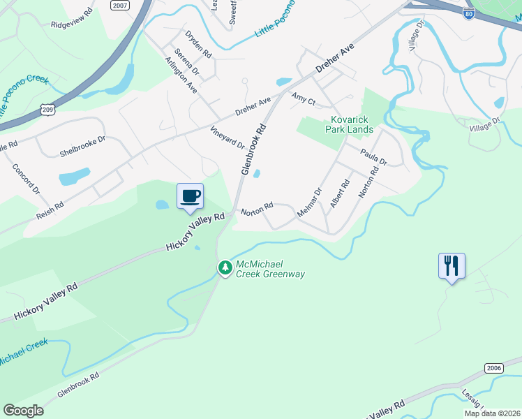 map of restaurants, bars, coffee shops, grocery stores, and more near 195 Norton Road in Stroudsburg