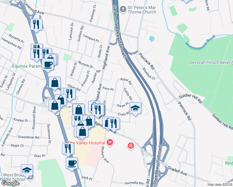 map of restaurants, bars, coffee shops, grocery stores, and more near 69 Fern Place in Paramus