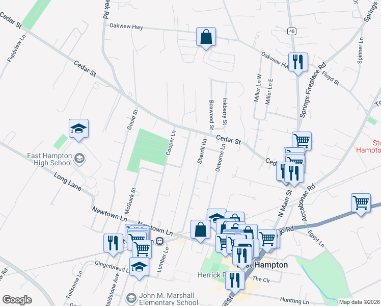 map of restaurants, bars, coffee shops, grocery stores, and more near 36 Palma Terrace in East Hampton