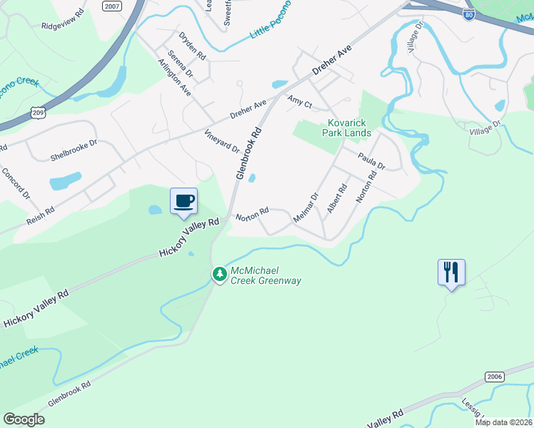 map of restaurants, bars, coffee shops, grocery stores, and more near 195-211 Norton Rd in Stroudsburg