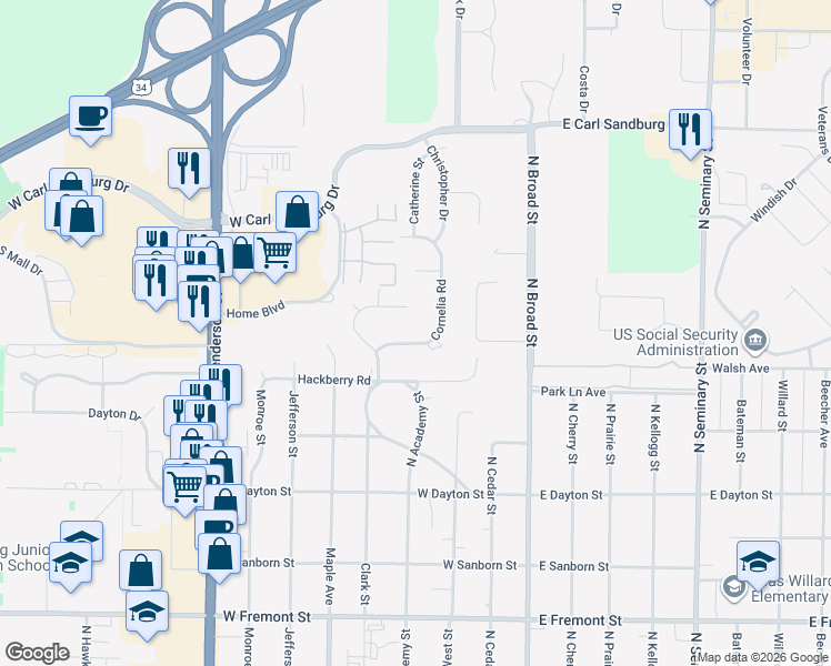 map of restaurants, bars, coffee shops, grocery stores, and more near 1947 Clark Court in Galesburg