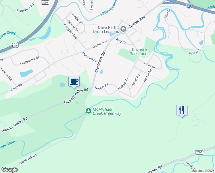 map of restaurants, bars, coffee shops, grocery stores, and more near 195-211 Norton Rd in Stroudsburg
