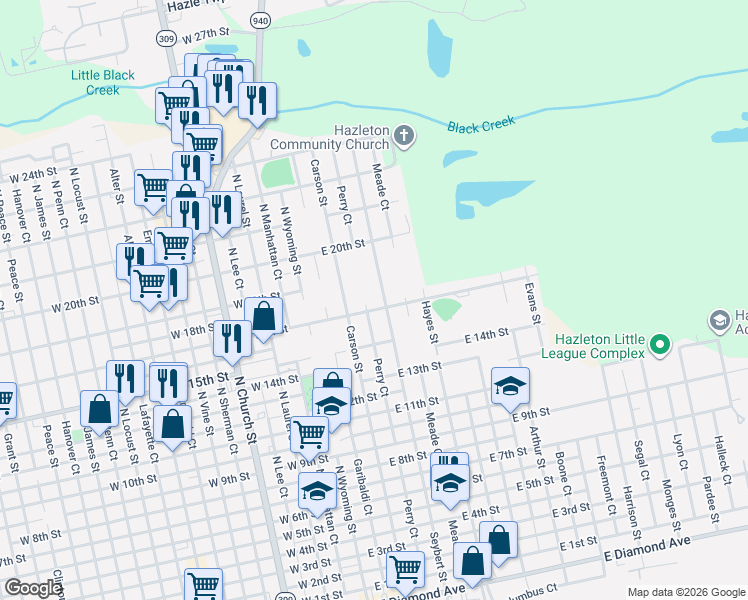 map of restaurants, bars, coffee shops, grocery stores, and more near 890-898 Seybert St in Hazleton