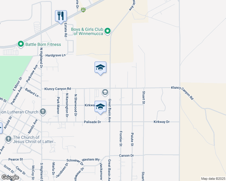 map of restaurants, bars, coffee shops, grocery stores, and more near 5375 Kluncy Canyon Road in Winnemucca