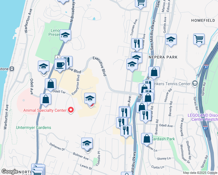 map of restaurants, bars, coffee shops, grocery stores, and more near 166 Executive Boulevard in Yonkers