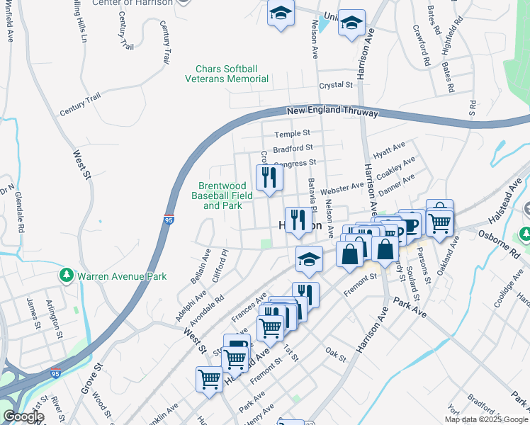 map of restaurants, bars, coffee shops, grocery stores, and more near 74 Crotona Avenue in Harrison