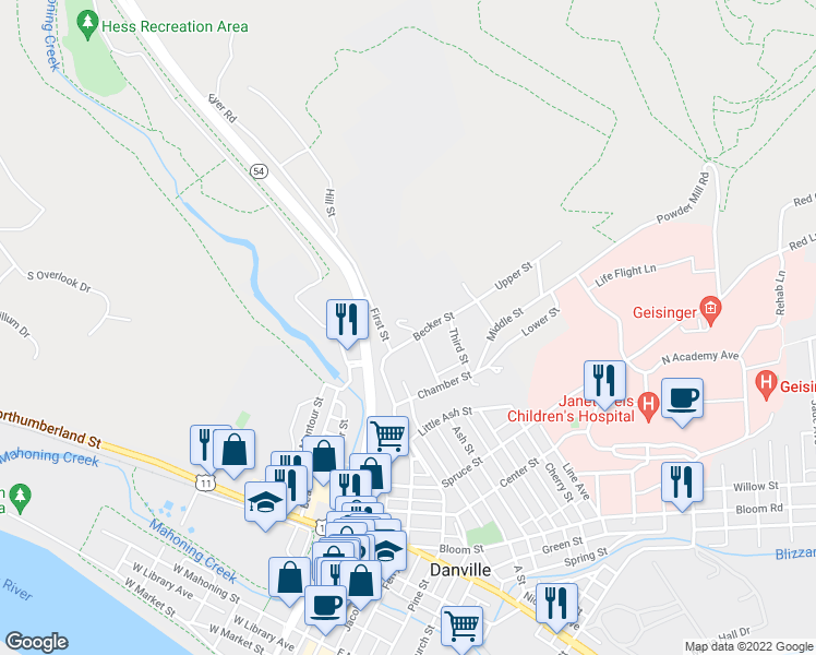 map of restaurants, bars, coffee shops, grocery stores, and more near Fleming Avenue in Danville