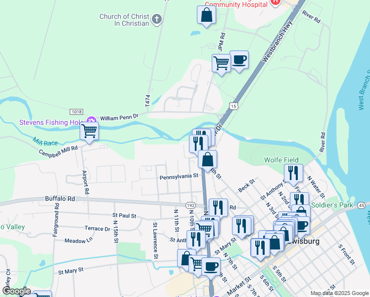 map of restaurants, bars, coffee shops, grocery stores, and more near 706 Matlack Avenue in Lewisburg
