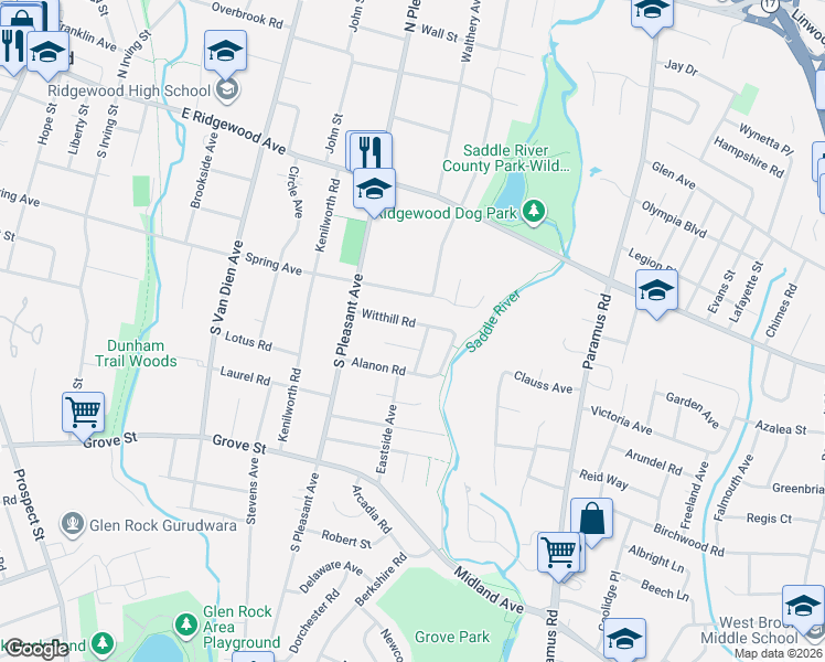 map of restaurants, bars, coffee shops, grocery stores, and more near 645 Witthill Road in Ridgewood