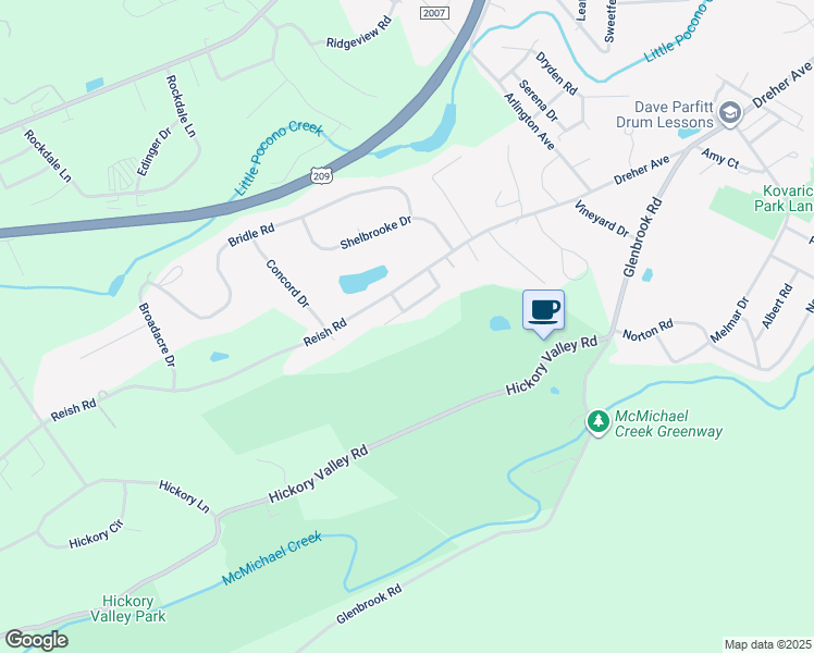 map of restaurants, bars, coffee shops, grocery stores, and more near Fox Circle in Stroudsburg