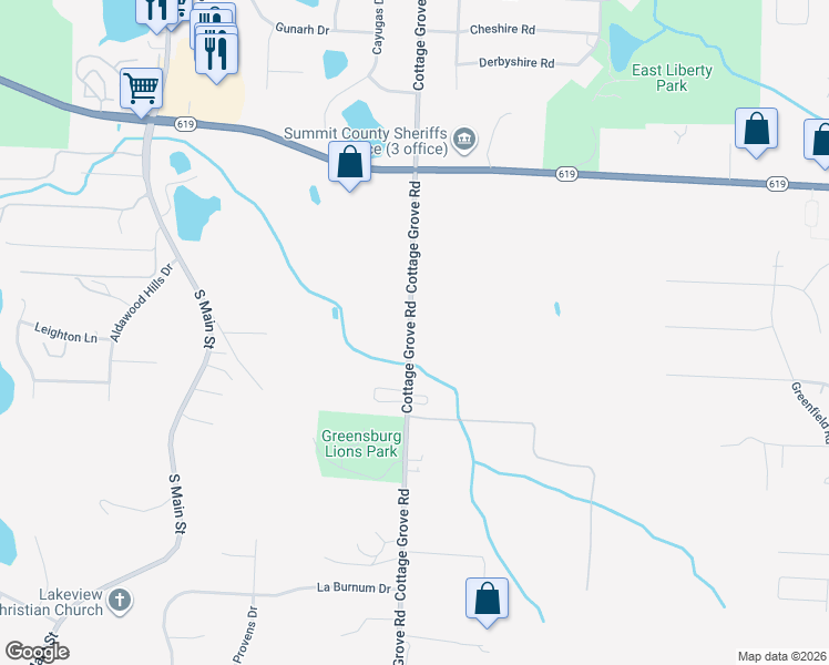 map of restaurants, bars, coffee shops, grocery stores, and more near 4170 Cottage Grove Road in Uniontown