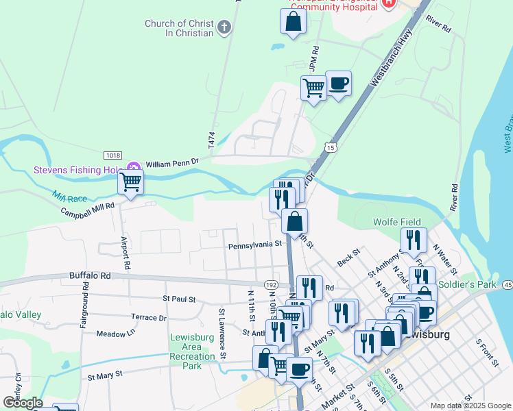 map of restaurants, bars, coffee shops, grocery stores, and more near 706 Matlack Avenue in Lewisburg
