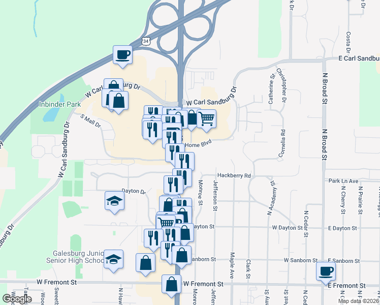 map of restaurants, bars, coffee shops, grocery stores, and more near in Galesburg