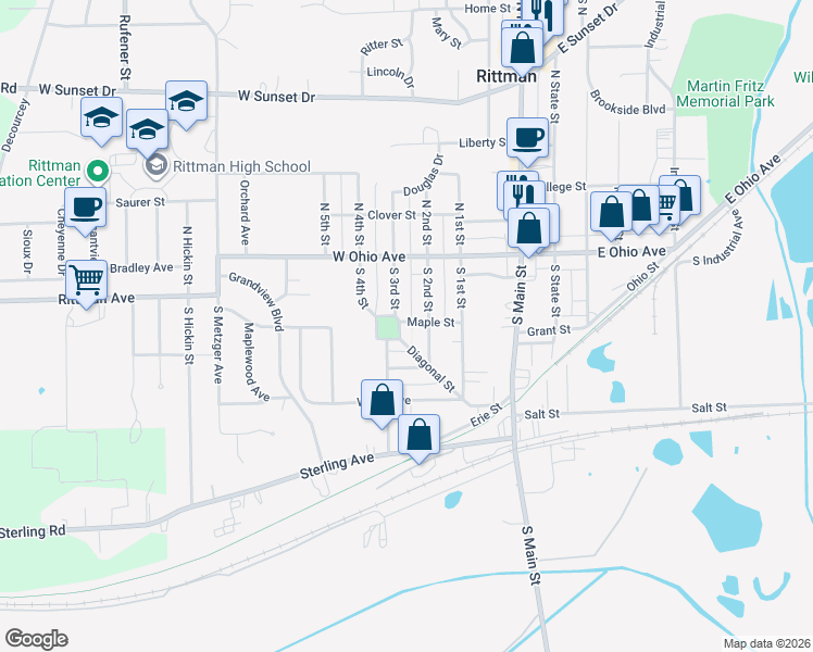 map of restaurants, bars, coffee shops, grocery stores, and more near 8 South 3rd Street in Rittman