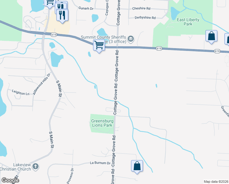 map of restaurants, bars, coffee shops, grocery stores, and more near 4170 Cottage Grove Road in Uniontown