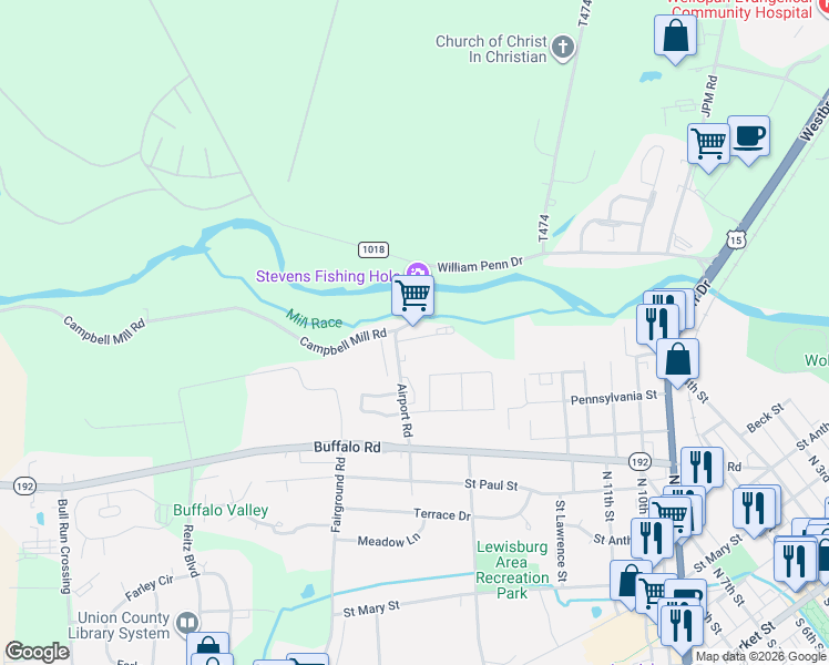 map of restaurants, bars, coffee shops, grocery stores, and more near State Route 2007 in Lewisburg