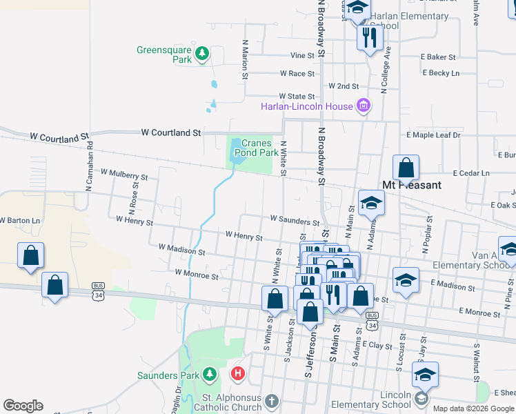 map of restaurants, bars, coffee shops, grocery stores, and more near 401-421 North Van Buren Street in Mount Pleasant