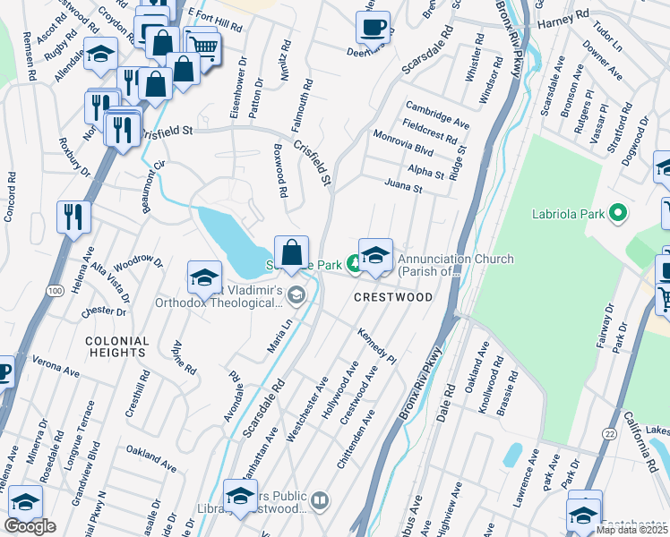 map of restaurants, bars, coffee shops, grocery stores, and more near 13 Saint Eleanoras Lane in Yonkers
