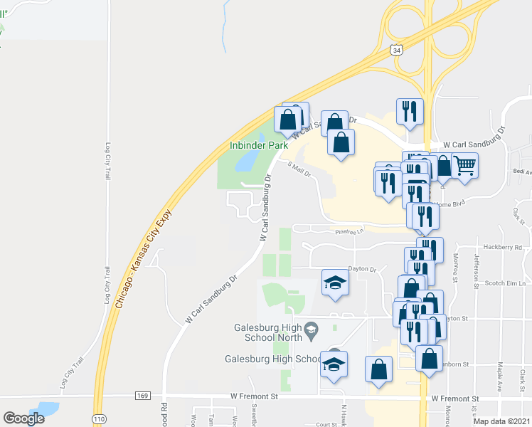 map of restaurants, bars, coffee shops, grocery stores, and more near 1324 West Carl Sandburg Drive in Galesburg