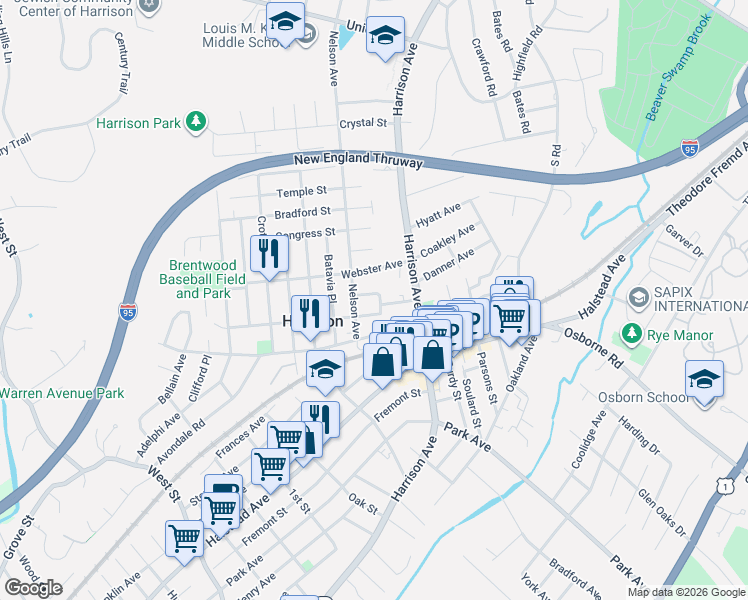 map of restaurants, bars, coffee shops, grocery stores, and more near 1 Landolfe Place in Harrison