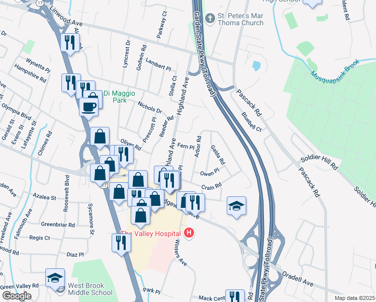 map of restaurants, bars, coffee shops, grocery stores, and more near 69 Fern Place in Paramus