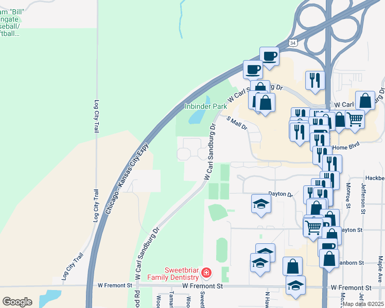 map of restaurants, bars, coffee shops, grocery stores, and more near 1351 West Carl Sandburg Drive in Galesburg