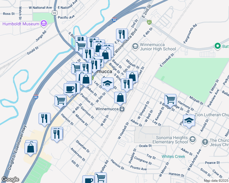 map of restaurants, bars, coffee shops, grocery stores, and more near 520 Melarkey Street in Winnemucca