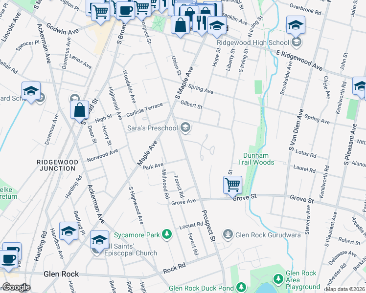 map of restaurants, bars, coffee shops, grocery stores, and more near 317 Prospect Street in Ridgewood