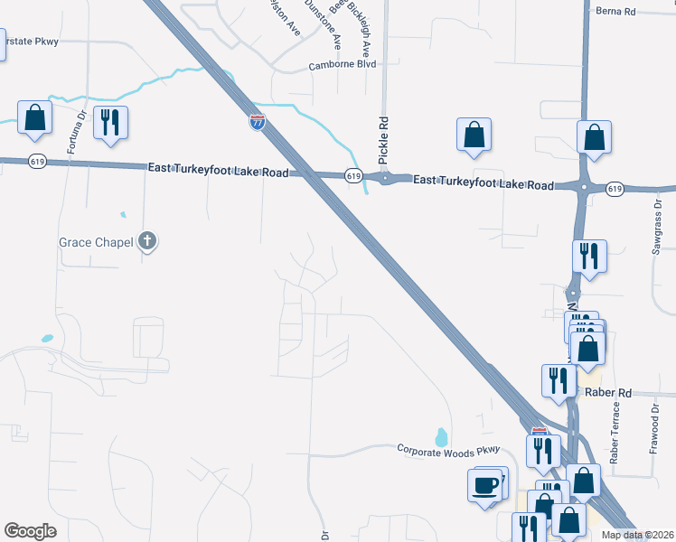 map of restaurants, bars, coffee shops, grocery stores, and more near 1336 East Turkeyfoot Lake Road in Akron