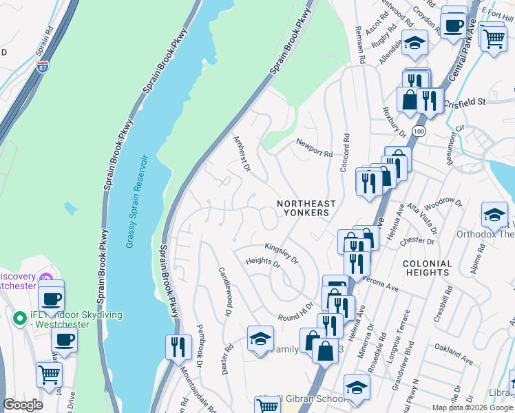 map of restaurants, bars, coffee shops, grocery stores, and more near 79 Roundtop Road in Yonkers